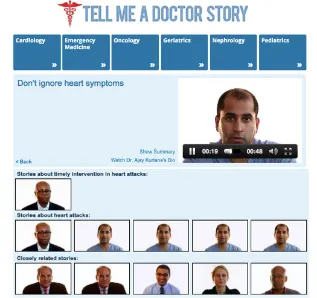 Example of an Tell Me a Doctor Story ExTRA system. Topics are provided, one story about a topic is presented, and other related stories are presented. Related stories are determined by goals, plans, conditions, and warnings - not keywords